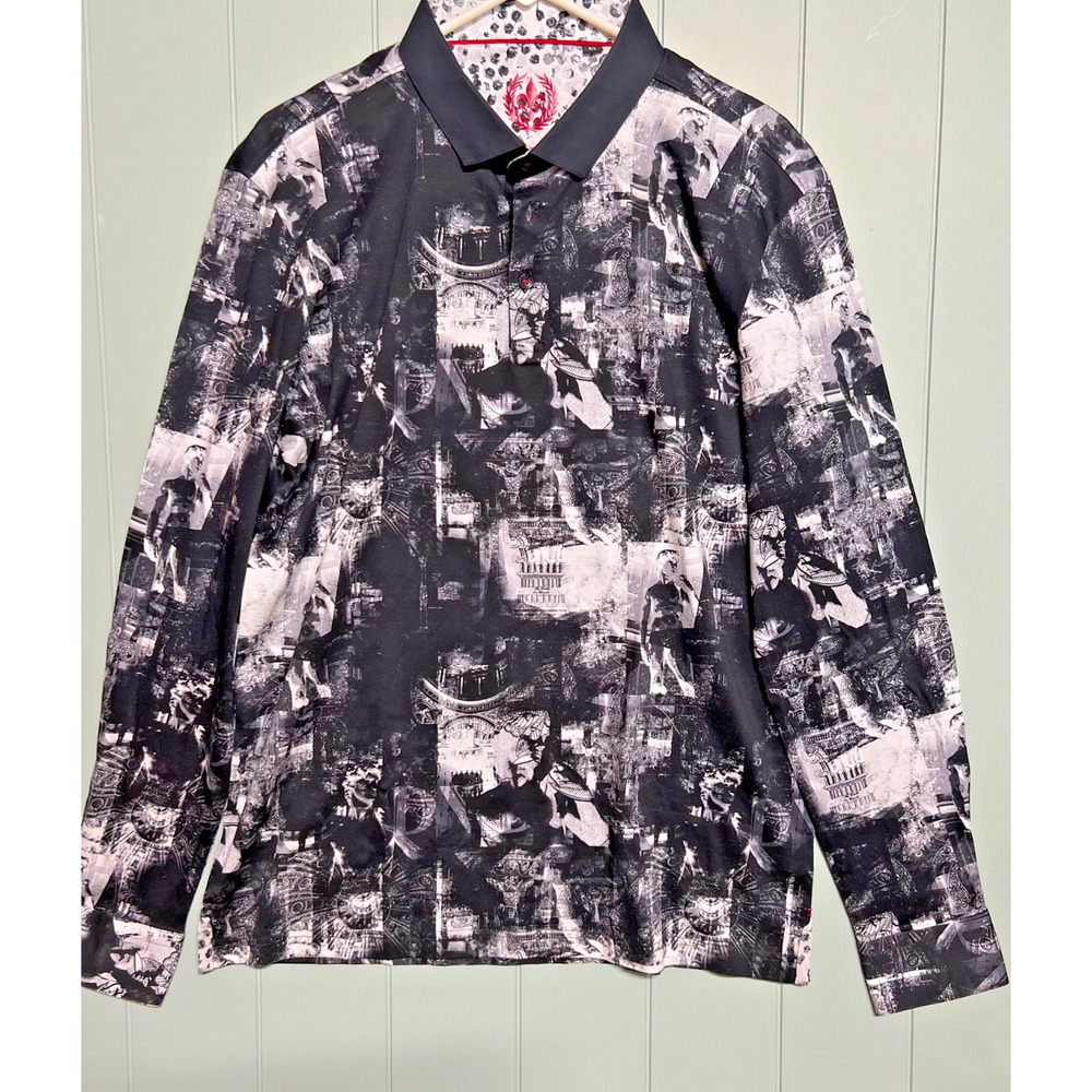 Au Noir Mens Long Sleeve Designer Shirt Black White Graphic Print Button Up Club